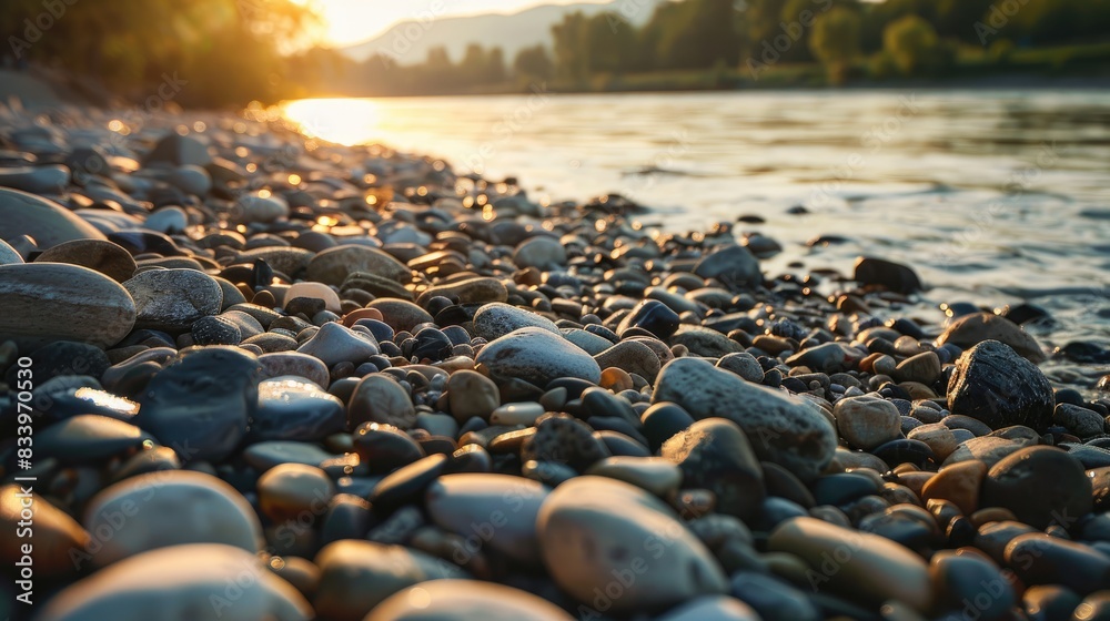 Obraz premium Close up image of small rounded pebbles on the river bank for background