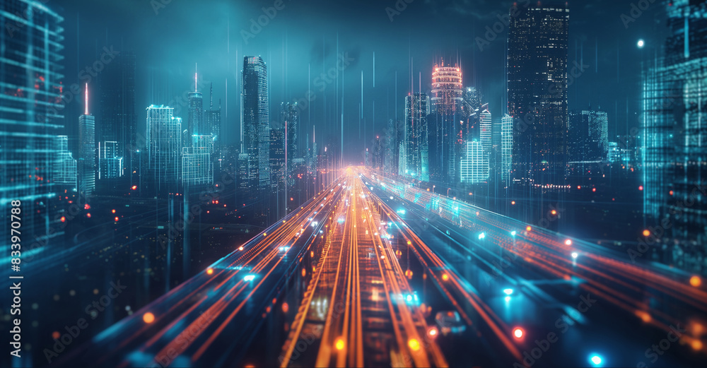 Lights of cars moving in the futuristic city. Lights of cars moving in the futuristic city.