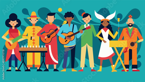 A lineup of international bands and musicians playing a fusion of traditional and modern music.. Vector illustration