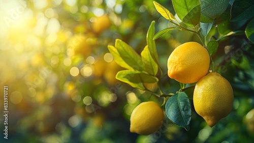 A ripe lemon on a tree has water droplets on it in a lemon orchard.