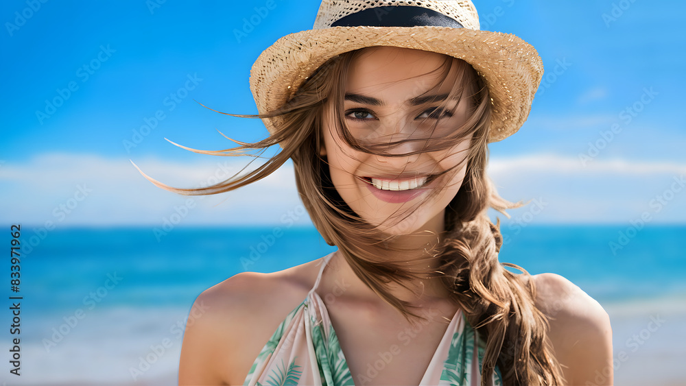 Young beautiful woman with wind-swept hair standing against a beach backdrop, wearing a chic straw hat and a summer cloths. Generative ai
