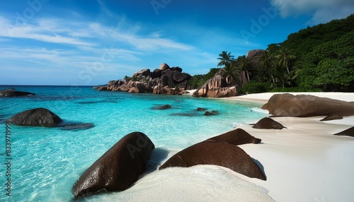 white sand turquoise water and granite boulders in a tropical beach © Raegan