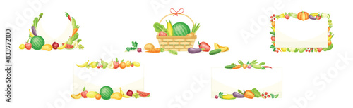 Bright Fruit and Vegetable Frame with Ripe and Fresh Agricultural Cultivar Vector Set