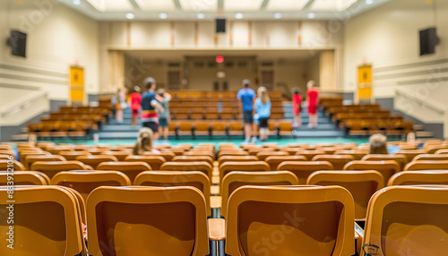 a of a school auditorium with rows of seats and a stage, capturing a blurred background of students preparing for a performance or assembly, Interior, School, indoor