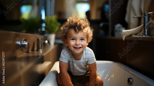 An adorable toddler with curly hair displays immense joy while playing inside a bathtub, his bright smile infectious