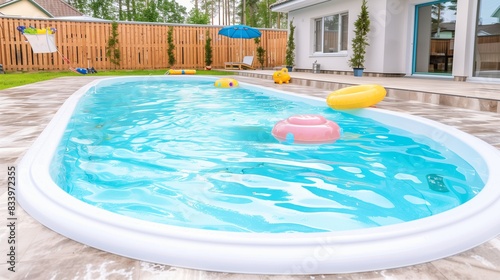 Fiberglass white pool with blue clear water and floating inflatable rings. Relax in the backyard of a house or private mini-hotel. Summer holiday season