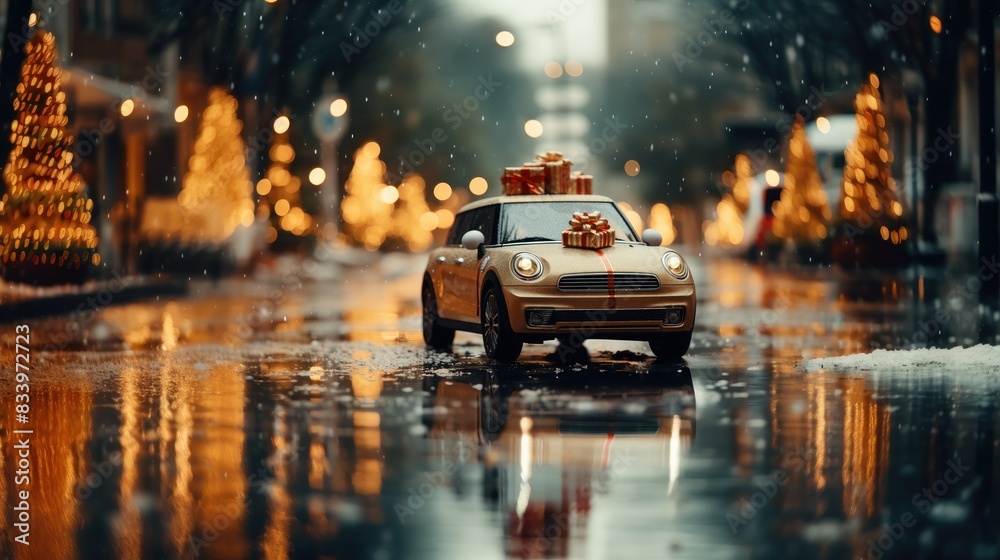 Toy car with presents on its roof driving through an illuminated snowy city street during the festive season Toy car with presents on its roof driving through an illuminated snowy city street during the festive season