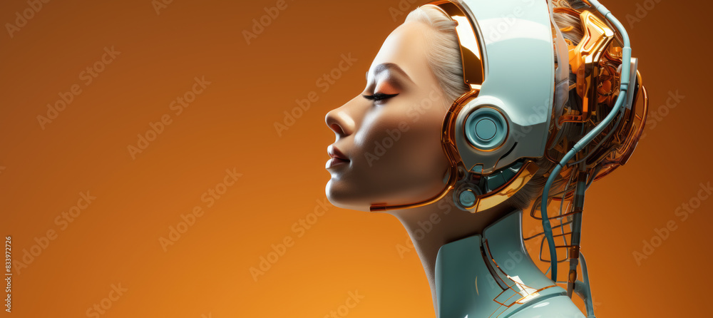 futuristic female cyborg with advanced technology helmet and orange background, banner with copy space futuristic female cyborg with advanced technology helmet and orange background, banner with copy space