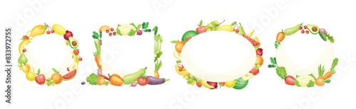 Bright Fruit and Vegetable Frame with Ripe and Fresh Agricultural Cultivar Vector Set