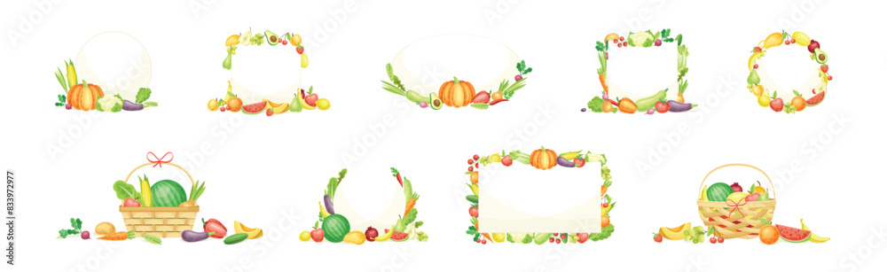 Bright Fruit and Vegetable Frame with Ripe and Fresh Agricultural Cultivar Vector Set Bright Fruit and Vegetable Frame with Ripe and Fresh Agricultural Cultivar Vector Set