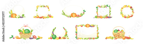 Bright Fruit and Vegetable Frame with Ripe and Fresh Agricultural Cultivar Vector Set
