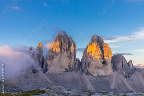 Dolomites beautiful mountain landscape on a sunny day. Hiking in the Alps in Italy, South Tirol mountain range of Alpi Dolomiti di Sesto near Cortina di Amprezzo and Tre Cime di Lavaredo alpine scene