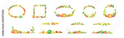 Bright Fruit and Vegetable Frame with Ripe and Fresh Agricultural Cultivar Vector Set