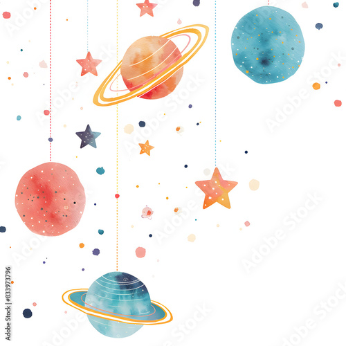 Graphic illustration of stars and planets on a white background. Suitable for posters and cards. photo