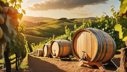 landscape with wine barrels in the vineyards