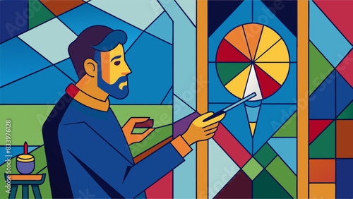 With precision and detail the artist paints on layers of colored glass paint enhancing the beauty and depth of the stained glass window.. Vector illustration