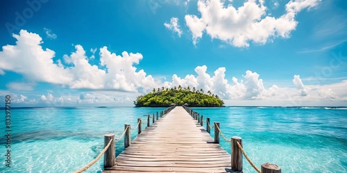 Tropical landscape background  summer vacation and travel concept. Wooden pier to an island in ocean with cloudy sky