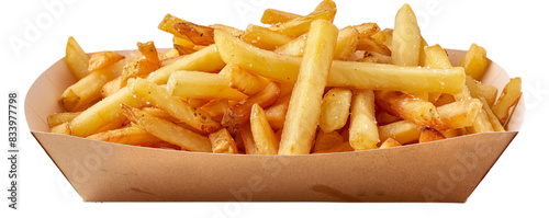 Great freshly fried French fries, embodying the simplicity of classic fries adorned with salt crystals and showcasing beautiful contrasting colors. 