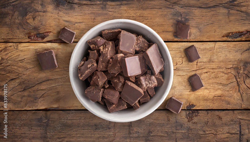 Un cuenco blanco con trozos de chocolate sobre una mesa rústica de madera. Vista superior y de cerca. Copy space. AI generativa Un cuenco blanco con trozos de chocolate sobre una mesa rústica de madera. Vista superior y de cerca. Copy space. AI generativa