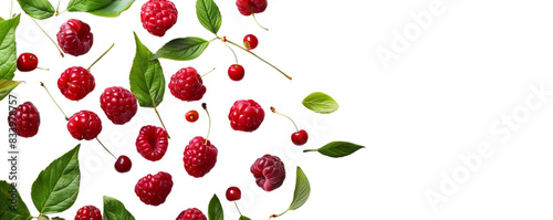 Fresh red raspberries with green leaves, evoking freshness and natural beauty. 