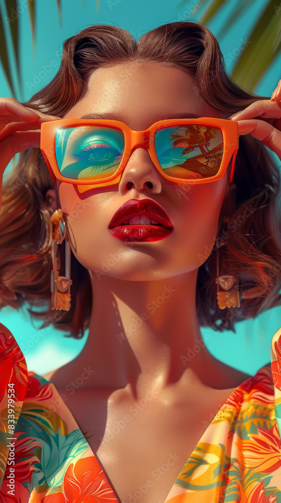 Obraz premium Retro style pastel colors summer background. Fashion woman wearing big sunglasses.