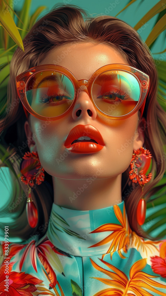 Fototapeta premium Retro style pastel colors summer background. Fashion woman wearing big sunglasses.