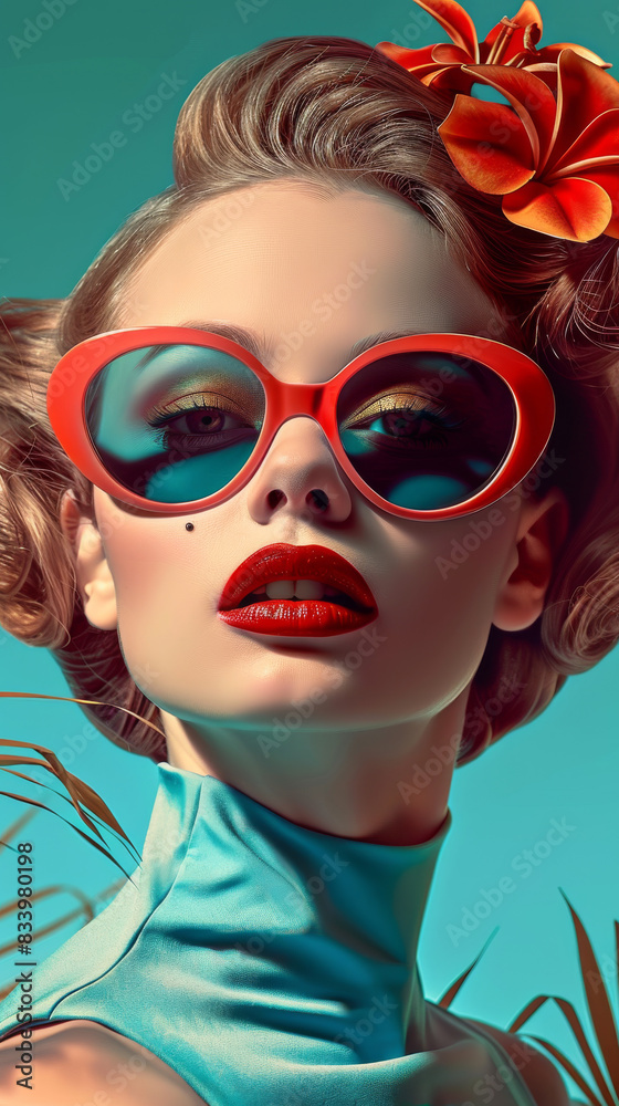 Retro style pastel colors summer background. Fashion woman wearing big sunglasses.