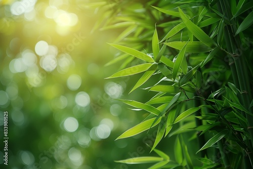 Close-up of vibrant green bamboo leaves illuminated by sunlight  with a soft bokeh background creating a tranquil  natural scene.