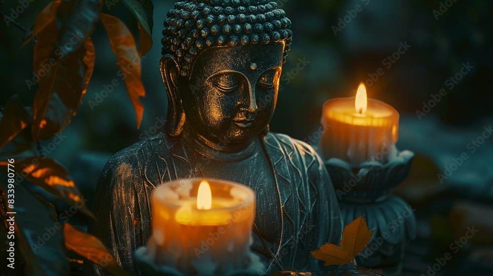 Buddha between leaves and candles Buddha between leaves and candles