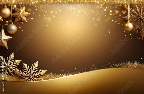 Christmas gold background with balls, stars and snowflakes, plenty of free space for text. A festive winter backdrop for your business.
