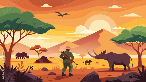 In the heart of the savanna guests witness a team of dedicated rangers tracking and protecting endangered rhinos from poachers.. Vector illustration