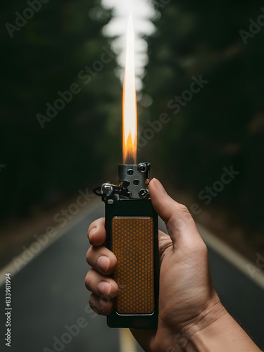 Mano sostiene encendedor con llama de fuego