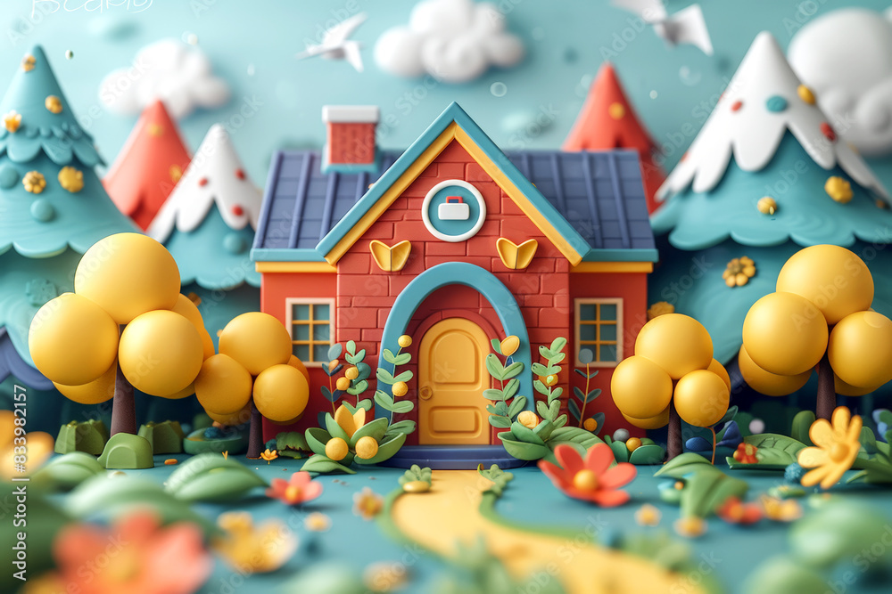Whimsical illustration of a colorful school building with trees and mountains in the background. Back to School. Whimsical illustration of a colorful school building with trees and mountains in the background. Back to School.
