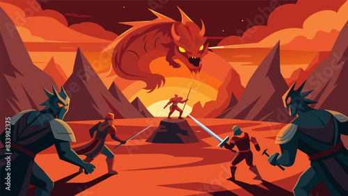 Aspiring warriors must master the art of sword fighting in the volcanic arena of Infernus before facing the firebreathing dragon boss.. Vector illustration