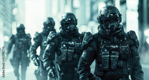 Futuristic soldiers or police in masks holding guns at city, special military team on modern street. Theme of cyber future, uniform, movie, warfare