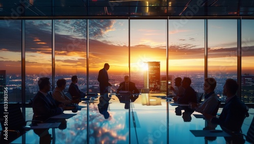 A group of business people in silhouette standing against the backdrop of an illuminated city skyline at sunset, and bokeh creating a dreamy atmosphere, symbolizing unity success work. photo