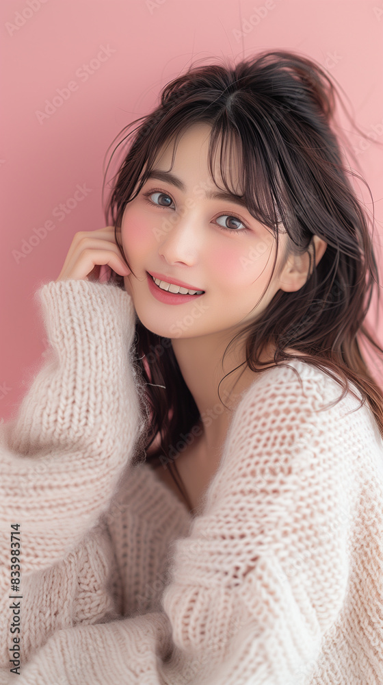ピンクのニットを着ている女性 ピンクのニットを着ている女性