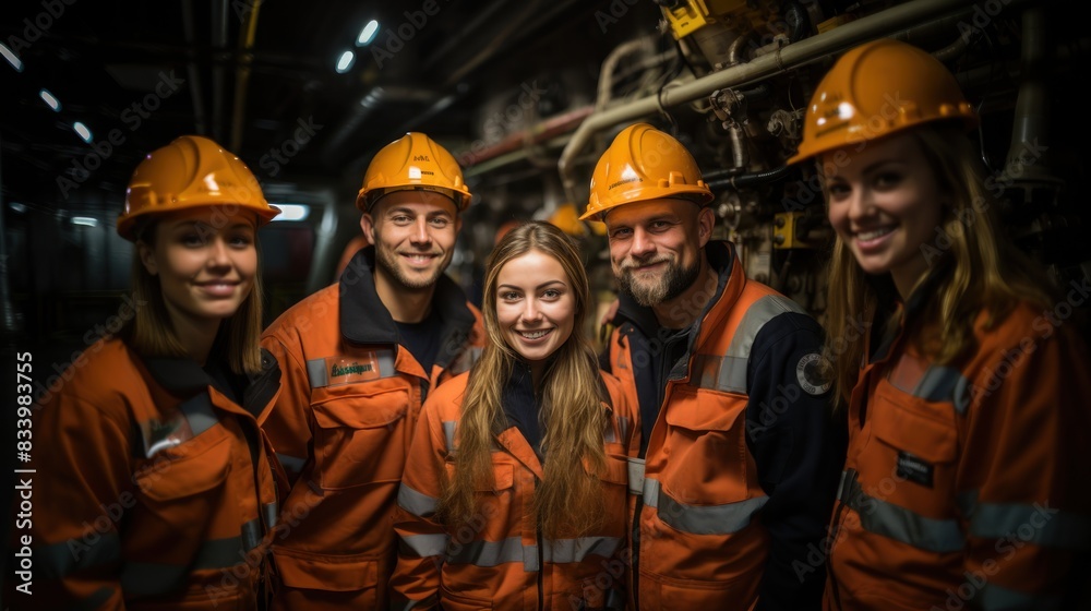 A team of five smiling workers wearing orange safety gear and hard hats in an industrial setting A team of five smiling workers wearing orange safety gear and hard hats in an industrial setting