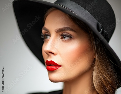 Close-up side view of woman face with red lipstick and black hat