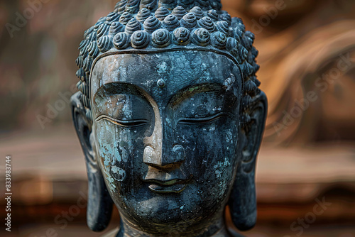 Close up of head of Buddha statue photo