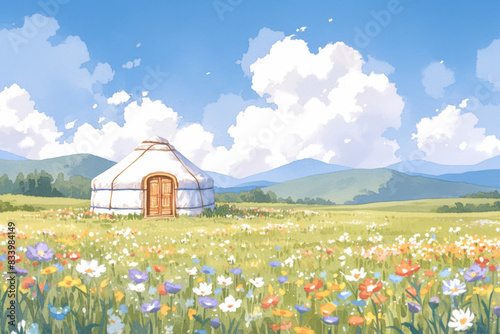 An illustration of traditional yurt on the meadow.