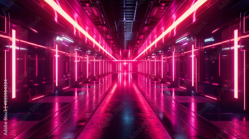 Futuristic corridor glowing with neon lights and reflections, creating a sense of depth and movement. Futuristic corridor glowing with neon lights and reflections, creating a sense of depth and movement.