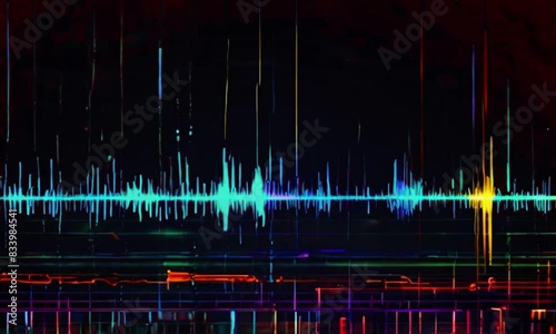 Turn the sound wave into an abstract art piece that intermittently glitches, creating random and colorful distortions aesthetic Music equalizer background Animation Video photo