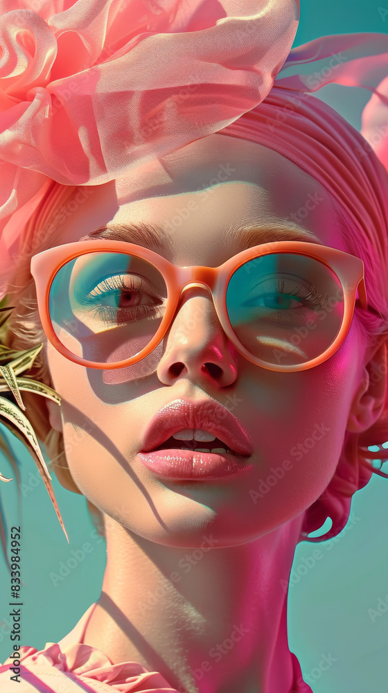 Fototapeta premium Retro style pastel colors summer background. Fashion woman wearing big sunglasses.