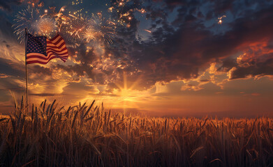 Wheat field at sunset with American flag and fireworks 