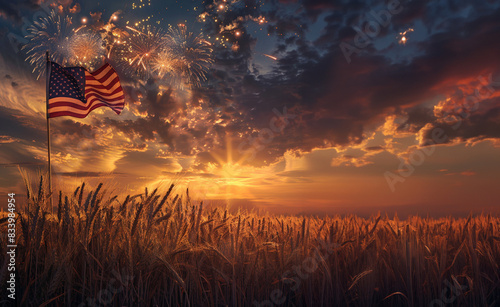 Wheat field at sunset with American flag and fireworks 