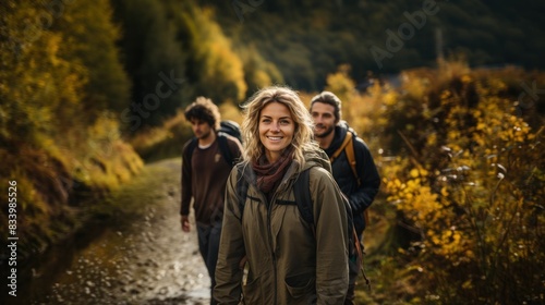 A cheerful woman leading a group of hikers on a forest trail with vibrant autumn foliage in soft focus in the background © AS Photo Family
