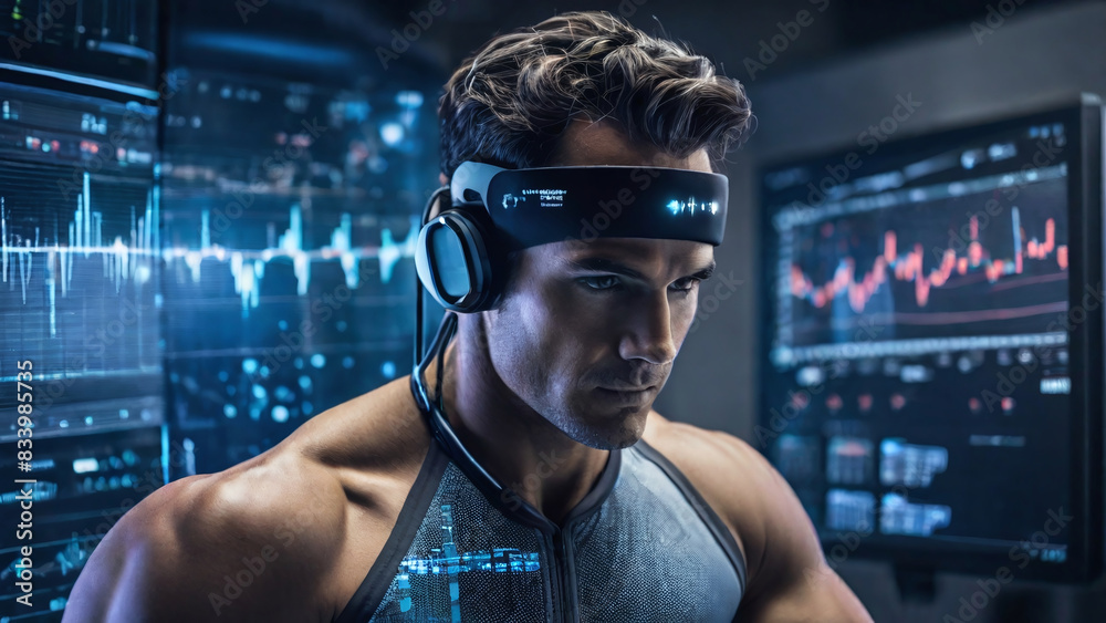 An individual using wearable technology to monitor health metrics and ...