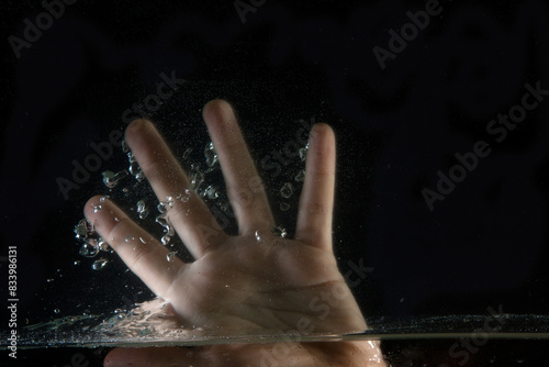 Hand submerged in water with air bubbles rising to the surface against a dark background.