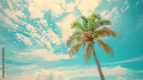 Palm tree on tropical beach with blue sky and white clouds abstract background. Copy space of summer vacation and business travel concept. Vintage tone filter effect color style.